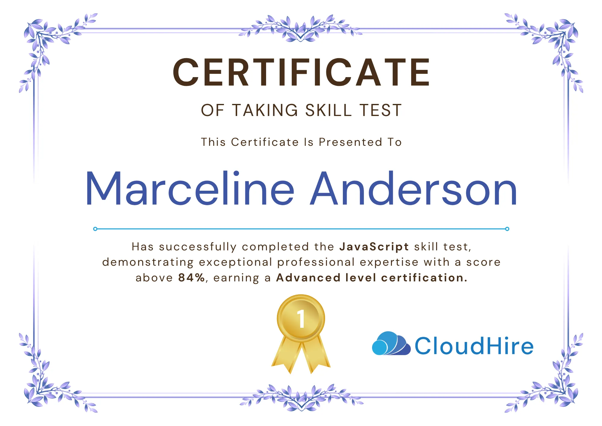 CloudHire Certificate of Taking Skill Test - Marceline Anderson - JavaScript Advanced Level Certification