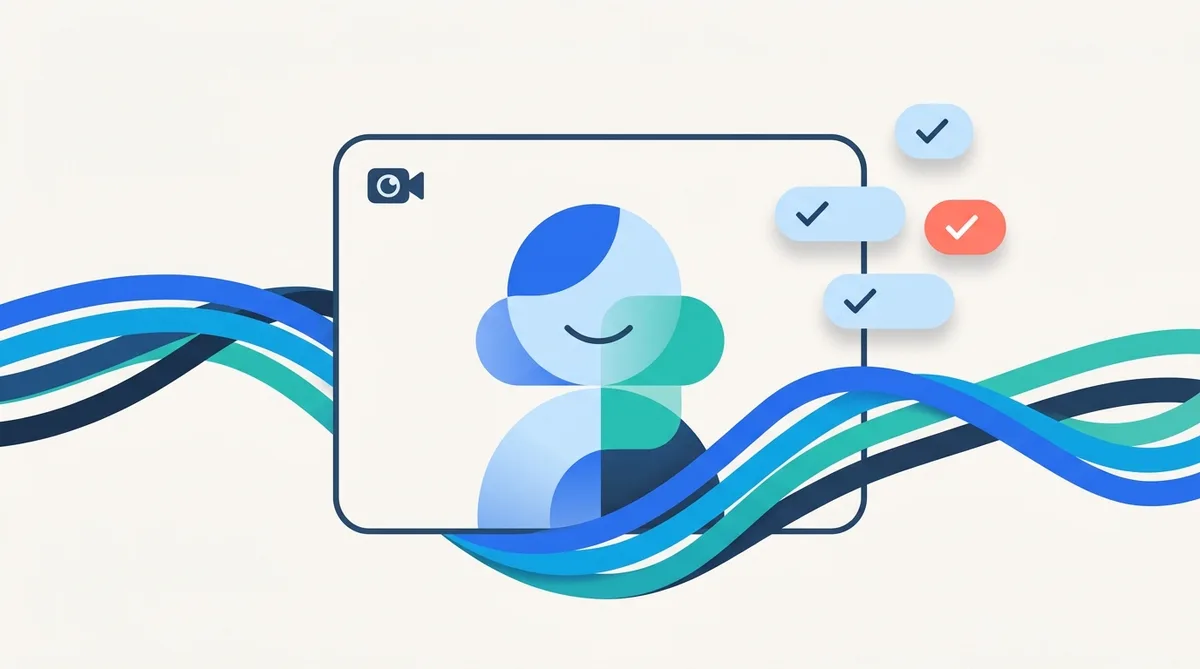 Video interview frame with an audio waveform and evaluation checks
