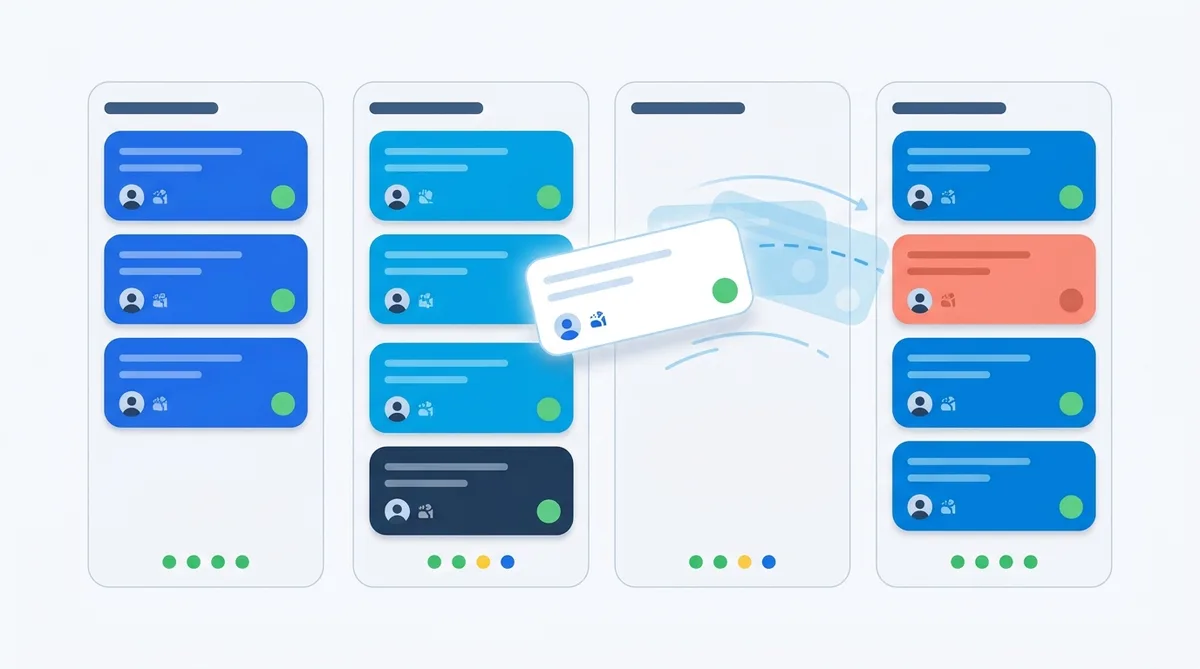 Kanban pipeline with candidate cards moving between stages