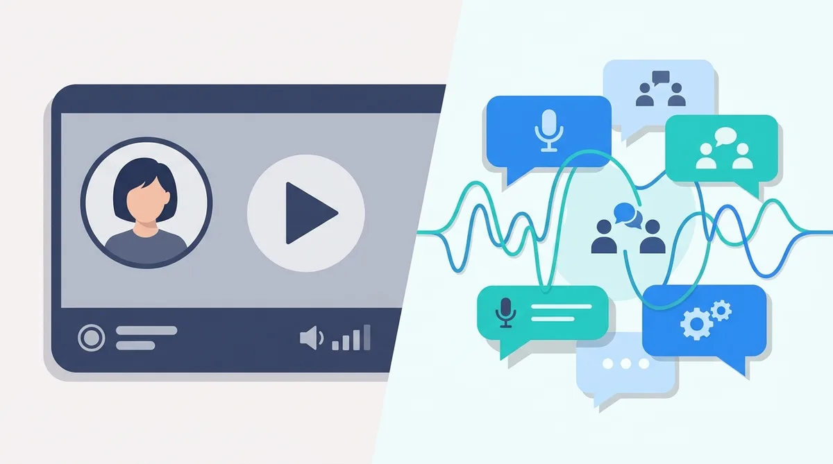 One-way video interview panel contrasted with real-time conversation