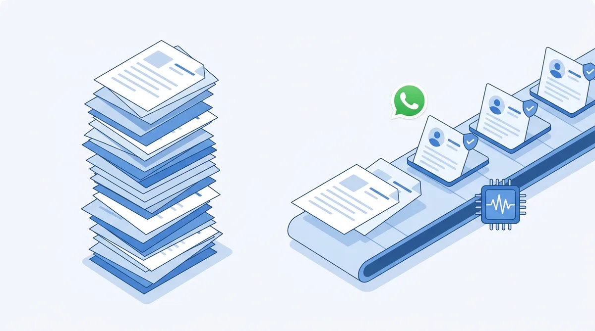 A stack of resumes versus a verified candidate pipeline with WhatsApp outreach