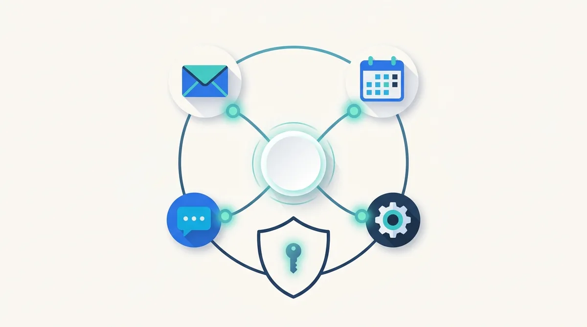 Hub connected to mail, calendar, chat and settings nodes behind a security shield