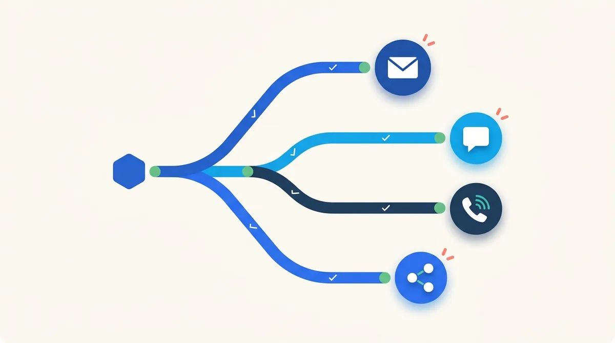One sequence branching into email, chat, phone and network channels