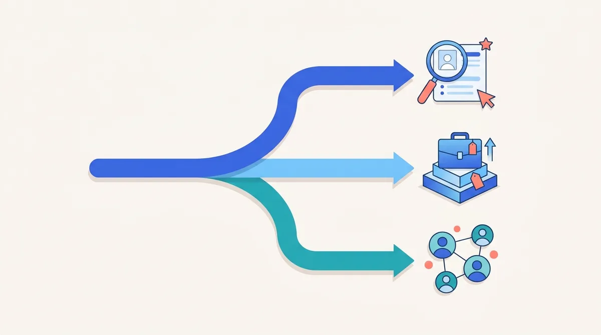 Decision paths from one starting point to sourcing, job posting, and community channels